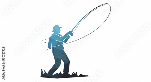 Silhouette of a fly fisherman casting a line in a natural outdoor setting, conveying action and hobby