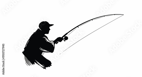 Silhouette of a fisherman casting a fishing rod with a bent rod, symbolizing active hobby and outdoor recreation