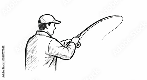 Sketch of a man fishing with a rod and reel, enjoying a peaceful outdoor hobby.
