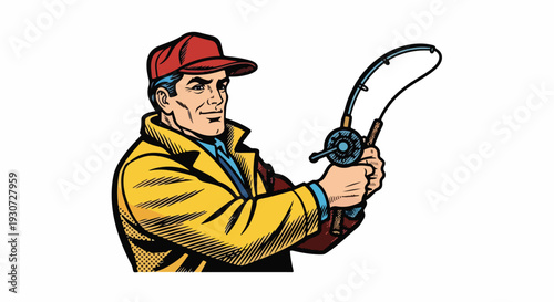 Vintage Fisherman with Red Cap and Yellow Jacket Holding Fishing Rod and Reel, Ready to Cast