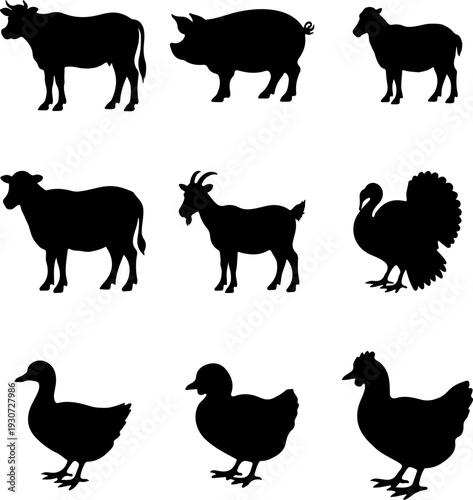 A variety of farm animals depicted as black silhouettes in a grid layout