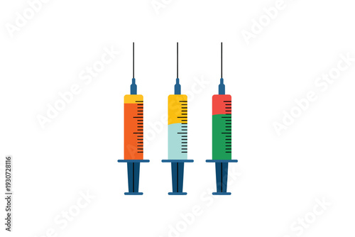 Three syringes with different colored liquids and varying fill levels are depicted.