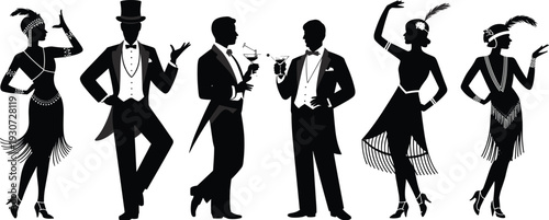 1920s flapper party silhouette vector set, roaring twenties men and women in vintage fashion dancing and drinking cocktail illustration
