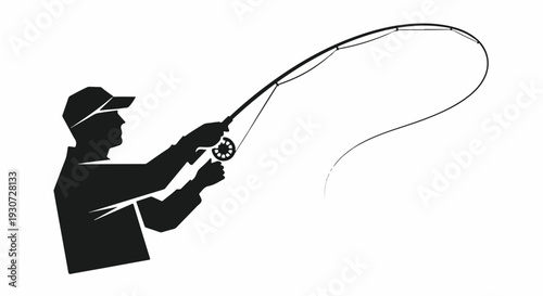 Silhouette vector illustration of a fisherman casting a line with a fishing rod and reel, depicting the popular outdoor sport and hobby of angling.