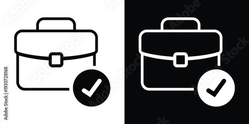 Business briefcase icon with a checkmark symbol. Professional graphic representing job completion, approved project, verified work, career success, and task management finished.