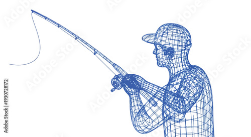 Digital wireframe drawing of a man fishing, holding a rod and reel, symbolizing outdoor sports, relaxation, and recreational activities.