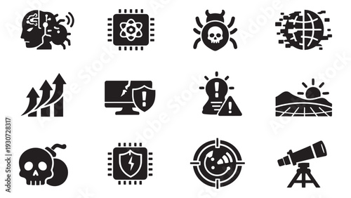 Technology and Cybersecurity Solid Icon Set with AI, Malware, Data, and Risk Symbols
