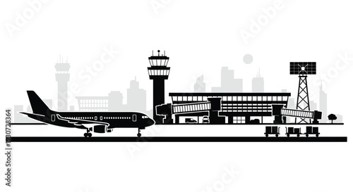A minimalist black and white depiction of an airport scene with a plane control tower and skyline silhouette high quality professional