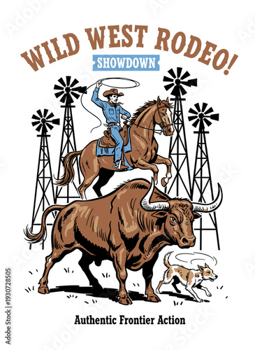 Vintage Wild West Rodeo Showdown vector illustration featuring cowboy, horse, and bull for event poster, t-shirt, or logo design.