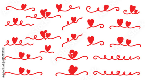 Red hearts flourish decorative elements romantic love symbols on transparent background