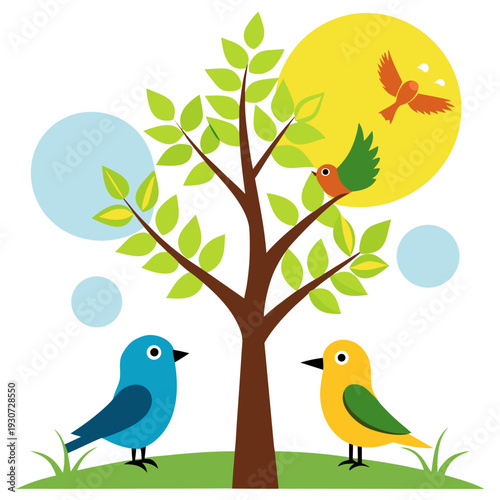 Colorful birds perched on tree branches under sunny sky