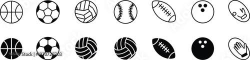 Black and white sport ball icon set featuring basketball, soccer, volleyball, baseball, rugby, bowling, and equipment for athletic game design.