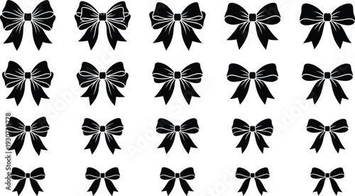 Black Ribbon Bow Silhouette Icon Set with Various Decorative Knot Shapes for Gift Packaging, Wedding Invitations, Christmas Decorations, and Fashion Graphic Design Elements