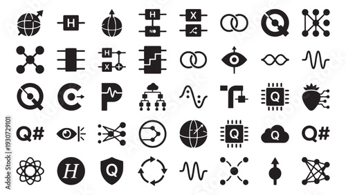 Quantum Computing and Physics Icon Set - Qubits, Logic Gates, and Scientific Symbols