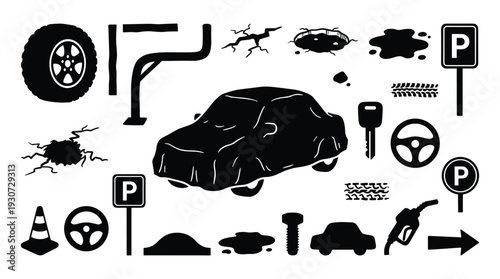 Car related objects icons set black silhouette for automotive industry and transport services