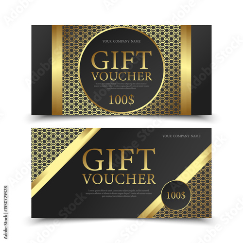 Gift voucher design with golden ribbons and hexagonal pattern. Golden and black gift voucher coupon template. Vector illustration