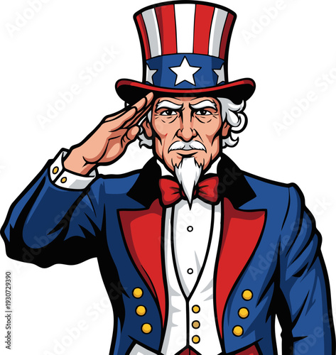 Uncle Sam Saluting in Patriotic Attire with Top Hat and Bow Tie.