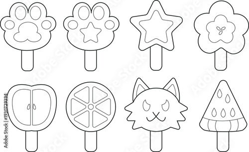 Set of candy lollipop illustrations paws, star, flower, animal and fruit on a white background for print, wall art, wallpaper, books, website, decoration