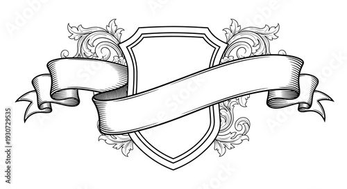 Blank Heraldic Shield with Ribbon and Ornate Flourishes.