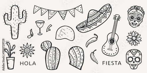 A collection of hand drawn mexican themed illustrations and decorative elements