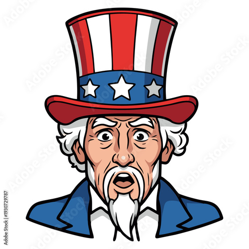 Uncle Sam with a surprised expression wearing a patriotic top hat.