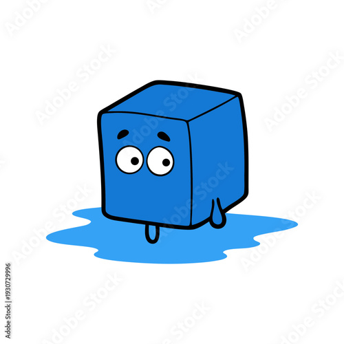 A blue cube character with a worried expression melting into a puddle of itself