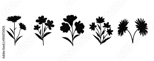 Black silhouettes of various flowers on white background