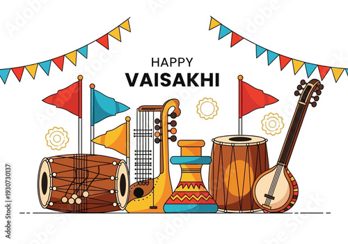 Vaisakhi Celebration with Traditional Indian Musical Instruments and Flags.