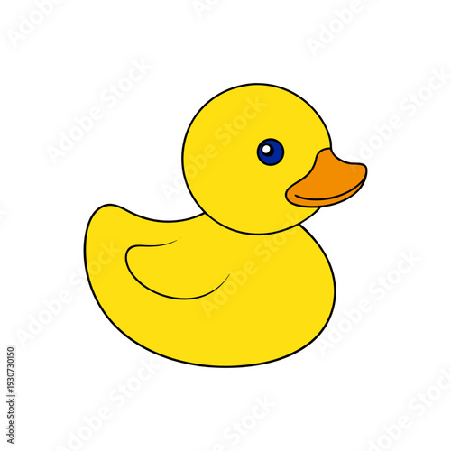 A cheerful, classic bright yellow rubber duck with an orange beak and blue eyes is perfectly isolated against a clean white background.