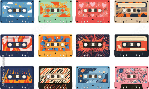Colorful, retro, cassette, tape, collection, set, with, artistic, patterns, 90s, nostalgia, vintage, music, audio, analog, design, isolated, on, white, background, vector, illustration