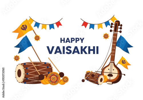 Happy Vaisakhi celebration with traditional Indian musical instruments and flags.