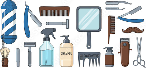 Barbershop Equipment and Grooming Tools Set with Razor, Scissors, Comb, Mirror and Shaving Accessories Vector Illustration Collection