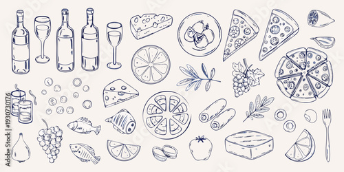 A hand drawn collection of various foods and drinks sketched in blue lines