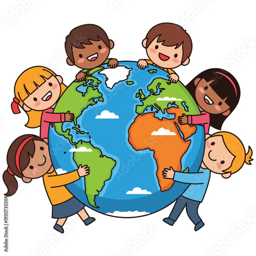 Diverse Kids Hugging Planet Earth, Unity and Global Friendship Illustration