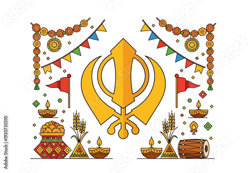 Golden Khanda Symbol with Sikh Festival Decorations.