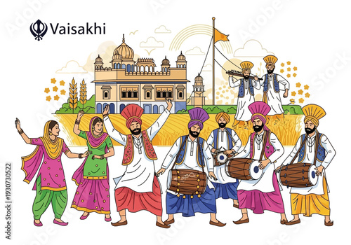 Sikh men and women celebrating Vaisakhi festival with music and dance.