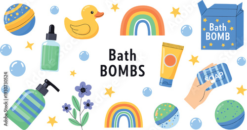 Bath bombs and spa accessories flat vector illustration with soap rainbow rubber duck bubbles and skincare products