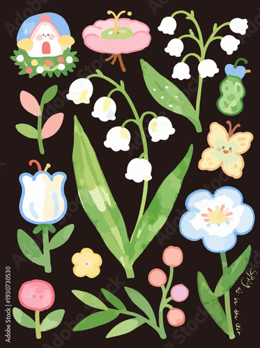 hand-drawn watercolor sticker set of lily of the valley and whimsical spring flowers