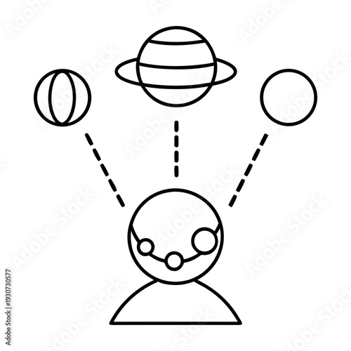 A minimalist vector graphic illustration of a person wearing virtual reality goggles and interacting with planets in space