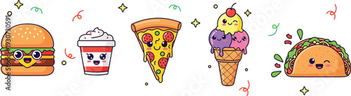 Kawaii Fast Food Character Set with Pizza, Burger, Taco, Ice Cream and Milkshake