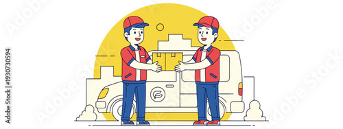 Professional Logistics Team Handing Over Cardboard Packages in Front of Delivery Van