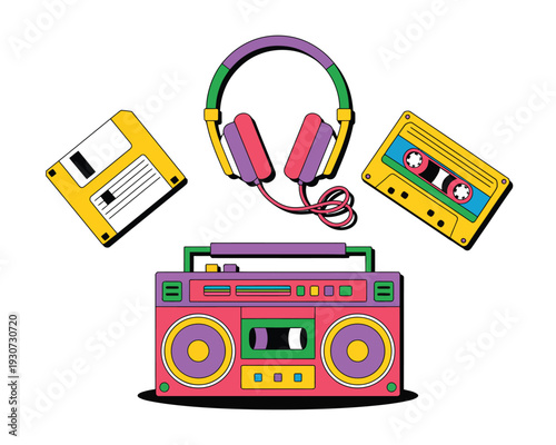 A colorful illustration of a boombox and retro music accessories on a white background, evoking nostalgia.