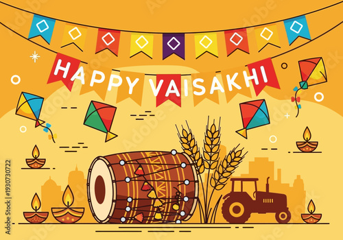 Happy Vaisakhi Celebration with Dhol Drum and Tractor.