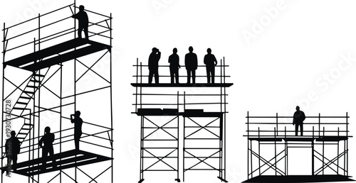 Construction Workers on Scaffolding Silhouette Vector Set, Industrial Building Site Personnel, Civil Engineering Architecture, Safety at Work, High Altitude Labor, Development Project