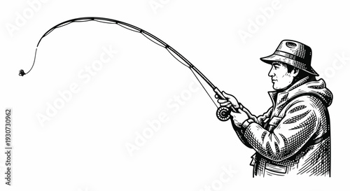 Vintage illustration of a man fishing with a bent rod, capturing the thrill of the catch in a classic, hand-drawn style.