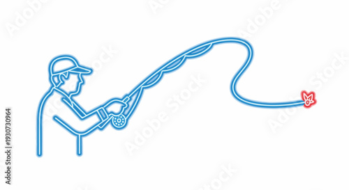 Neon outline of a man fly fishing with a long cast, representing outdoor recreation and hobbies