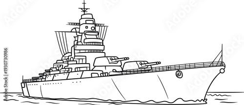 Battleship warship outline vector illustration, military naval vessel with cannons and radar tower sailing on sea isolated design