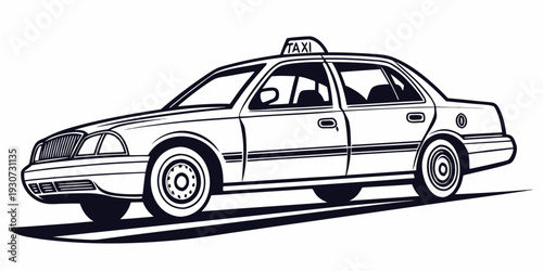 A black and white illustration of a classic taxi cab with a roof light.