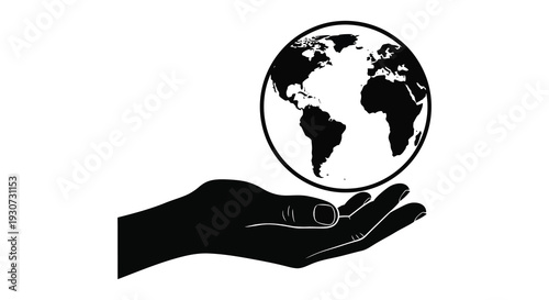 A black silhouette of a hand gently cradling a globe representing global care and responsibility silhouette high quality professional detailed modern