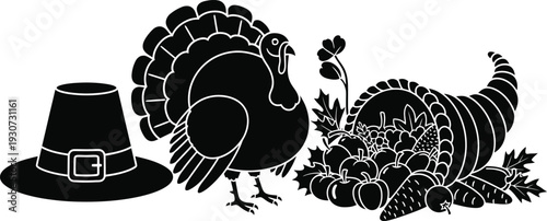 Black silhouette of a pilgrim hat, turkey, and cornucopia